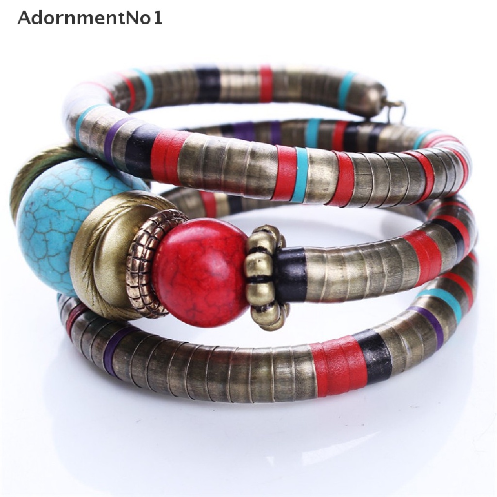 (AdornmentNo1) Gelang Bangle Silver Hias Manik-Manik Turquoise Imitasi Gaya Boho Untuk Wanita