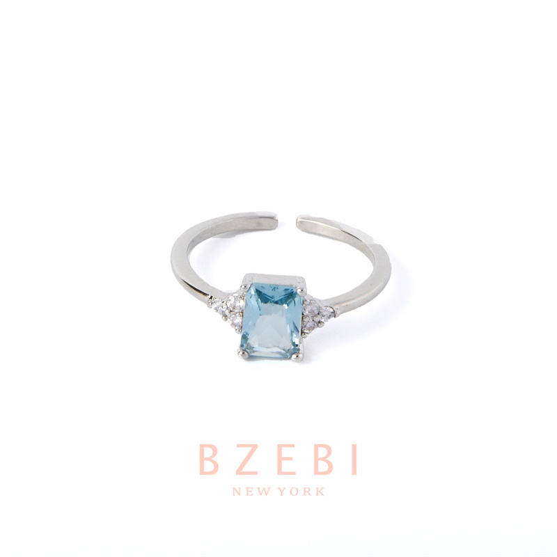 Bzebi Cincin Platinum 18k Model Terbuka Adjustable Hias Berlian Aquamarine Gaya Korea 824r