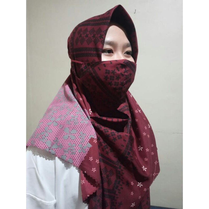 Hijab Umama Segi Empat + Masker Voal Miracle Print Jilbab Original Motif Premium Scraft