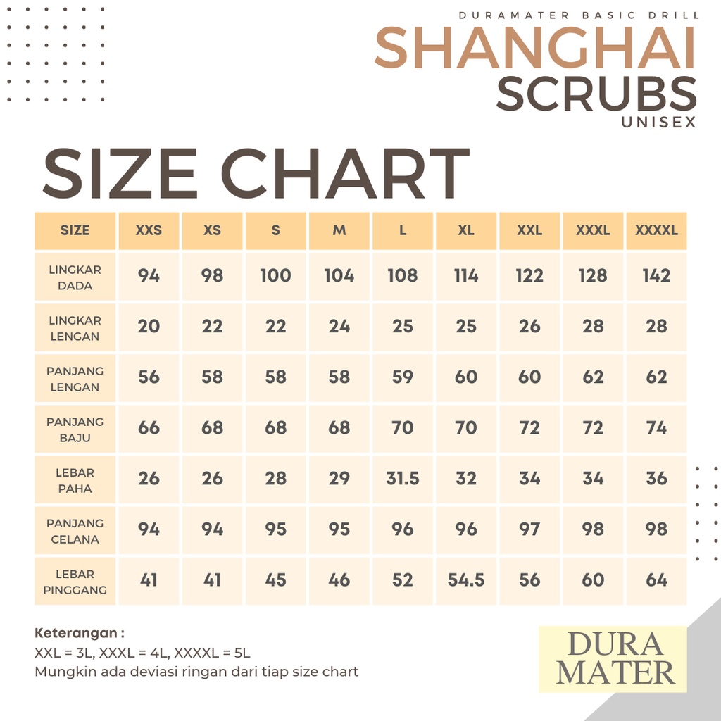 Shanghai Scrubs Duramater Baju Jaga Baju OK Ukuran XXS hingga XXXXL