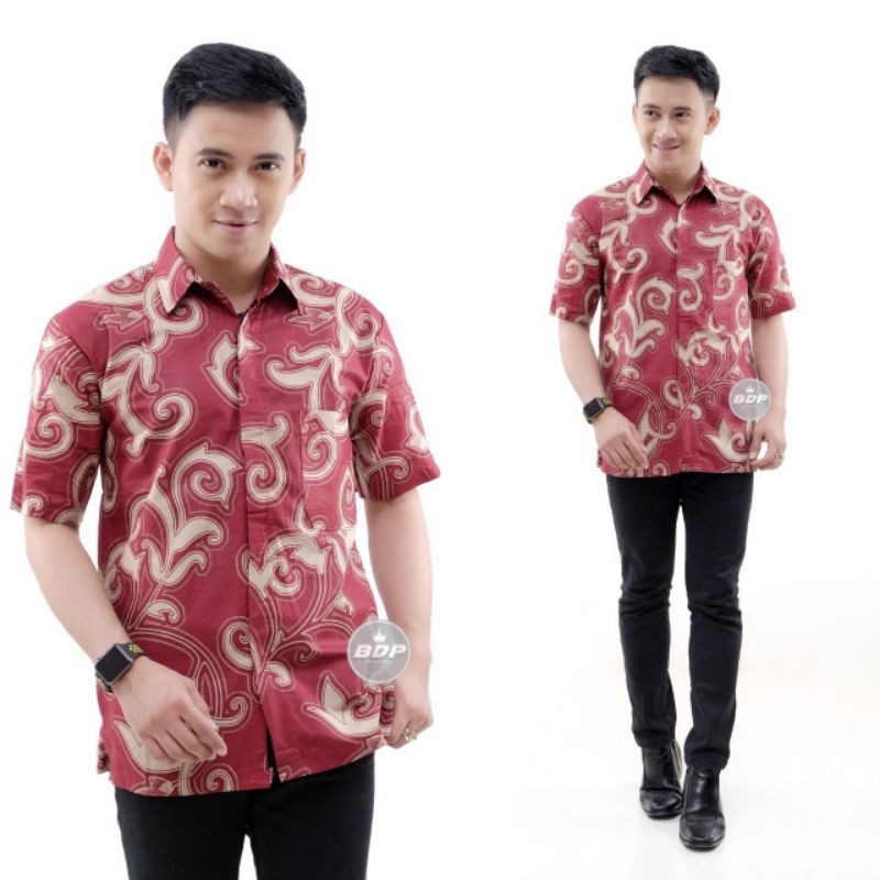 ATASAN BATIK PRIA COWOK LENGAN PENDEK WARNA MERAH M L XL FORMAL KERJA KANTOR SIMPEL