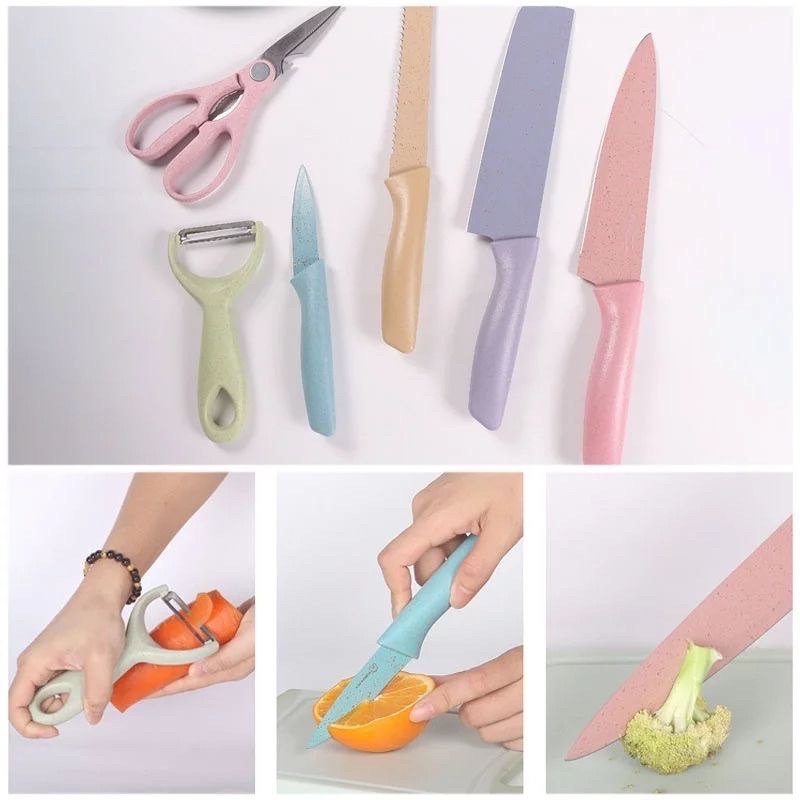 Pisau dapur set stenliss anti lengket / paket pisau macaron 6in1 kitchen knife