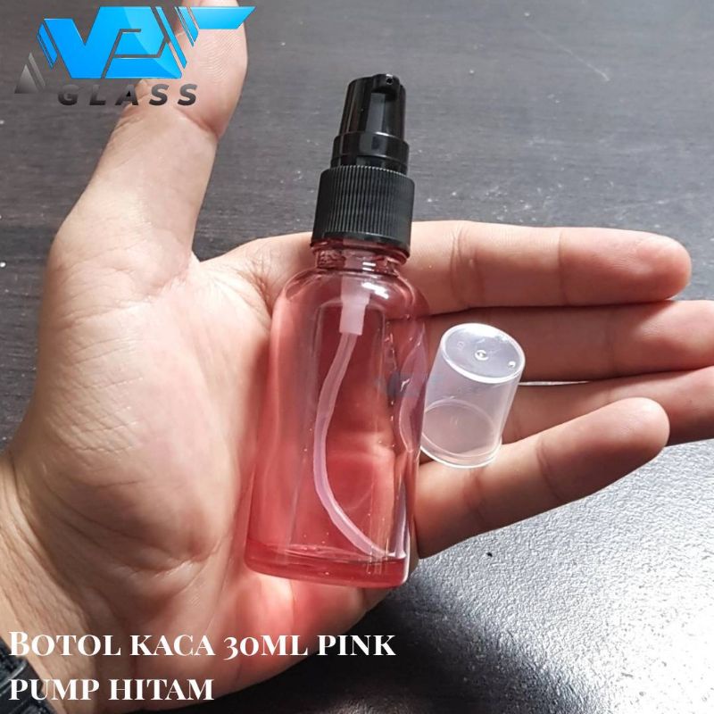 botol kaca 30ml pump hitam / botol kaca 30ml bening pink treatment pump