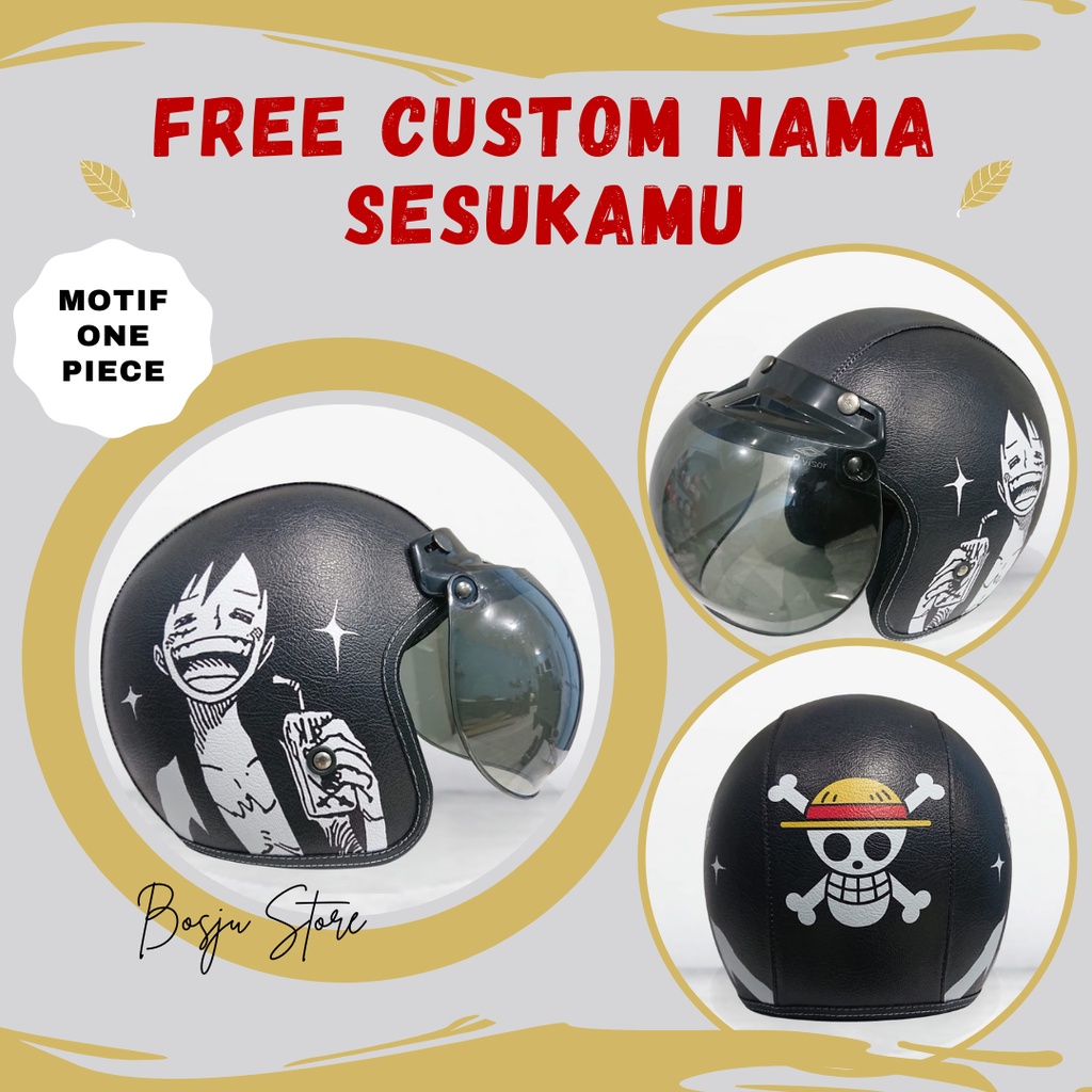 Helm Bogo Motif Luffy One Piece Hitam | Custom Warna Nama | Hlem Retro Klasik Anak Cewek Wanita Rema