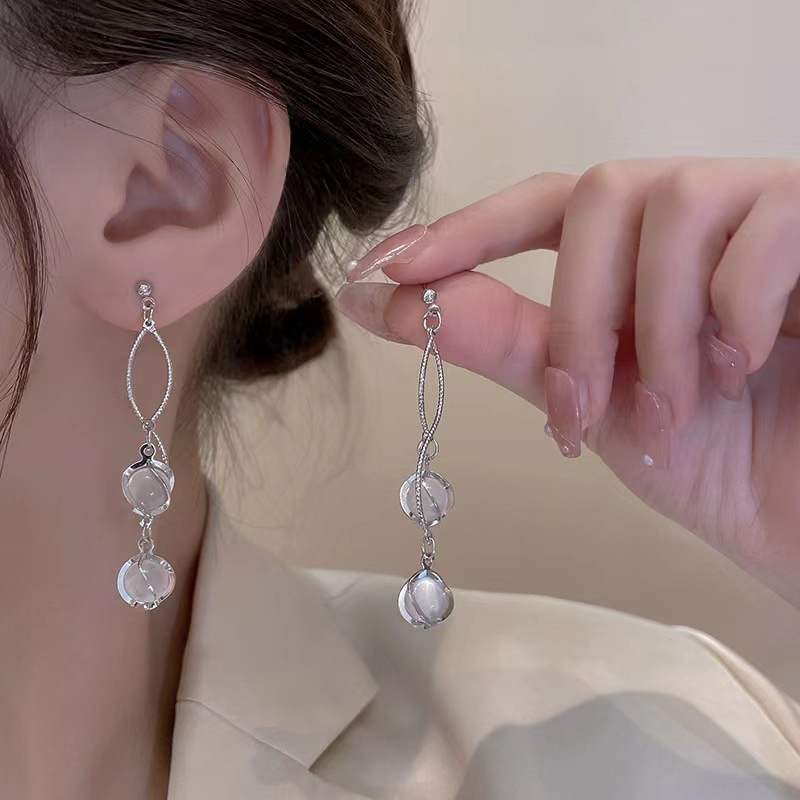 Anting Tusuk Gantung Panjang Hias Batu Opal + Zircon Gaya Retro Untuk Wanita