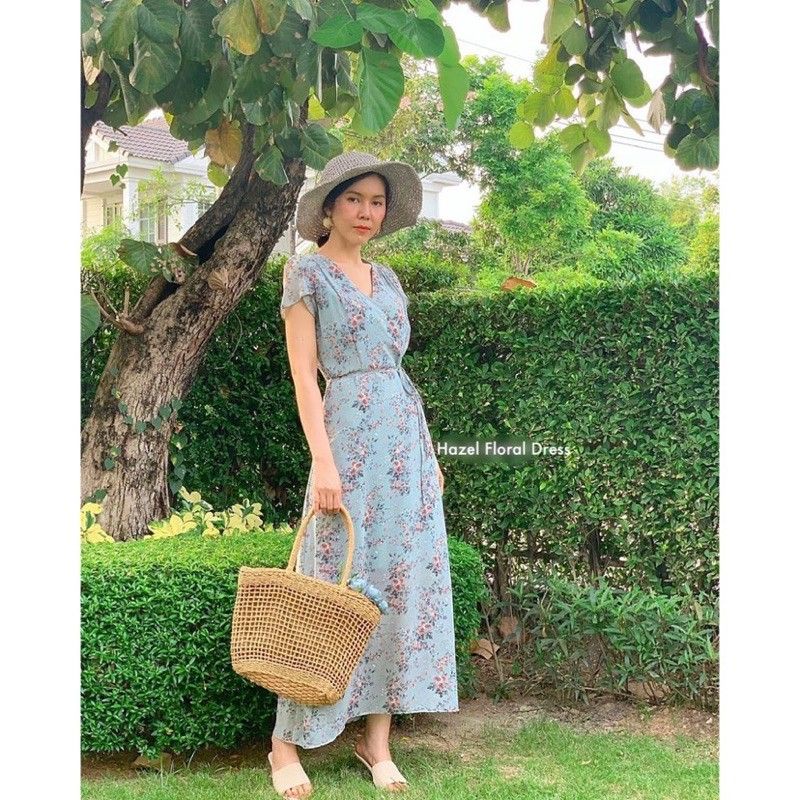 PREMIUM IMPORT TC0337 HAZEL KOREAN STYLE FLORAL VINTAGE MAXI DRESS PANTAI V-NECK LENGAN PENDEK