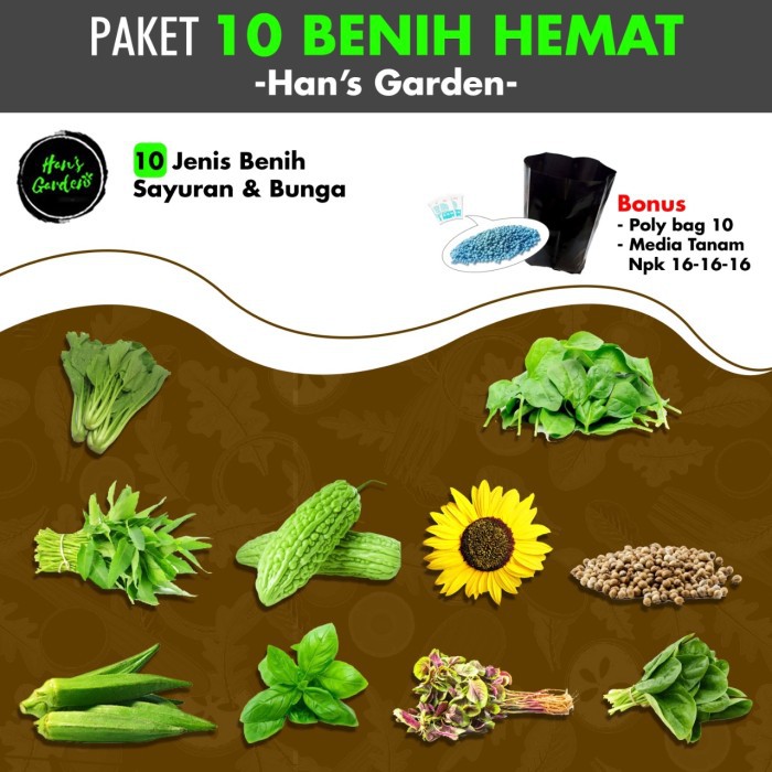 Paket berkebun 10 jenis benih bunga buah sayur + bonus polibag, npk