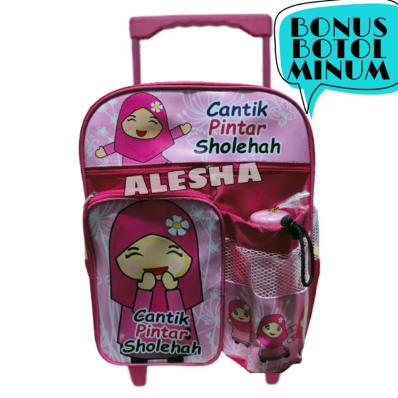 Tas anak cantik pinter sholehah Tas ransel anak perempuan muslimah gratis botol minum - tas anak