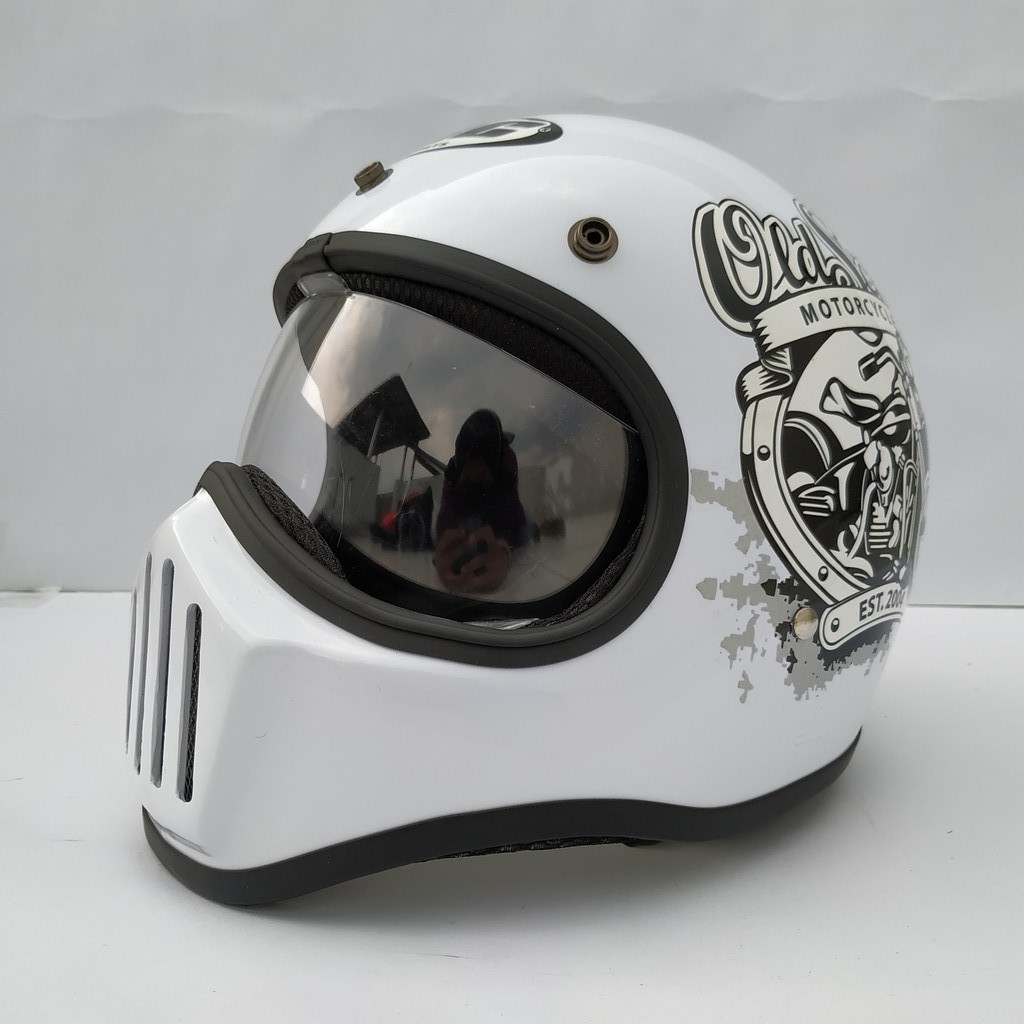 Helm Cakil HBC New Old School White + Inner Visor ( Fullface / Retro / Klasik / Vespa )