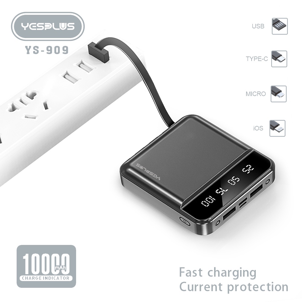 MIINII Powerbank YS-909 10000MAH Fast Charging Murah Mini LCD With Kabel Data Lightning Type-C/Micro USB