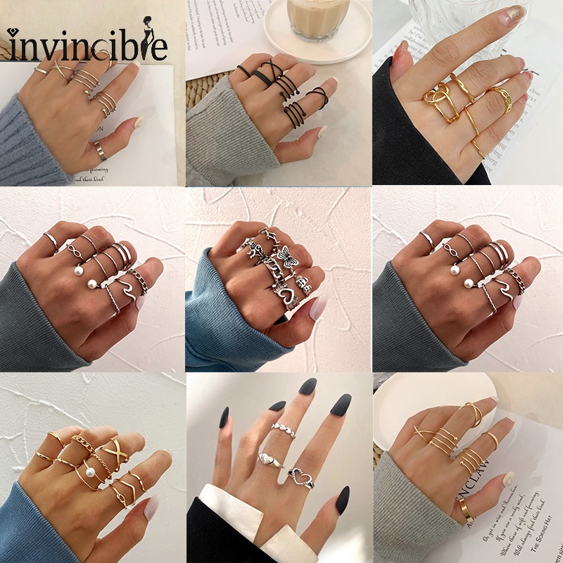 Set Cincin Knuckle Desain Bunga Kupu-Kupu Geometris Gaya Bohemian Untuk Wanita