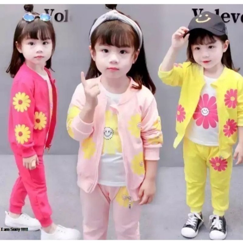 3 in 1 Set| Setelan Jaket Anak Perempuan 1-5 Tahun/Setelan 3in1 SUN FLOWER Anak Perempuan Terbaru Terlaris