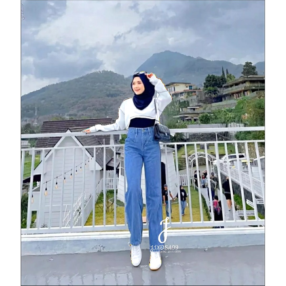 High Waist Kulot Jeans Wanita Loose Mocca