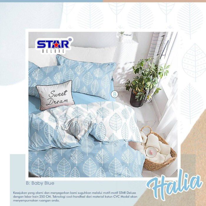 Bahan kain sprei meteran katun lokal CVC Star motif daun Halia pasangan