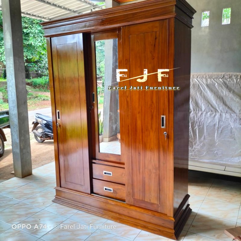 Lemari Pakaian Jati 3 Pintu Geser Sliding Minimalis Modern Almari Baju Pakaian