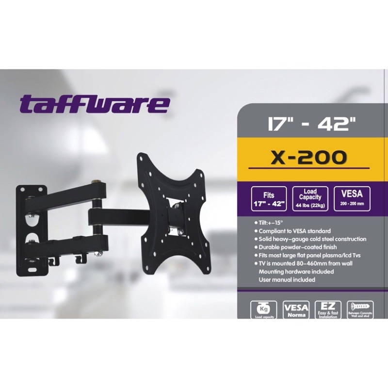 Taffware Telescopic TV Bracket 2.5m 200 x 200 Pitch for 17-42 Inch TV - X-200 - Black