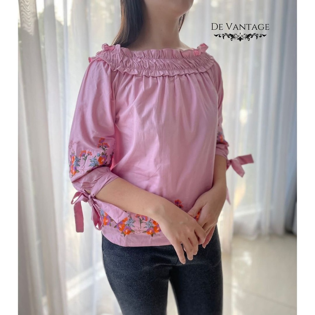 Blouse Katun Sabrina / Blouse Bunga Lengan Pita / Off Shoulder Floral Blouse