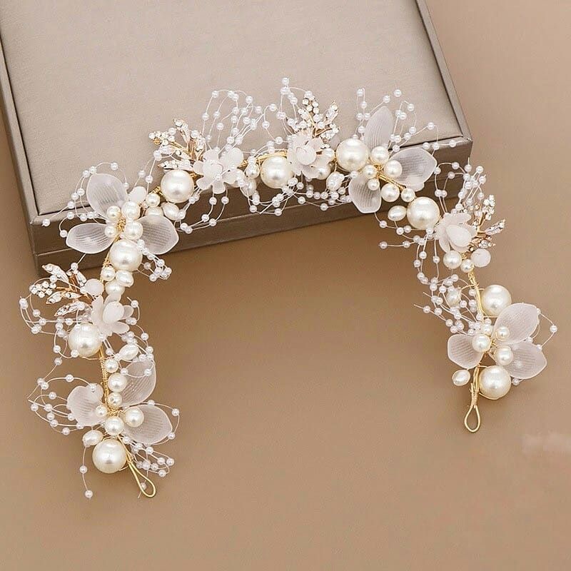 Faux pearl flower golden leaves wedding hair piece