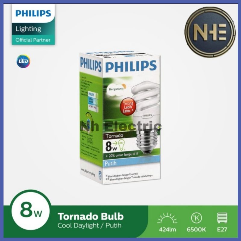 Lampu Philips Tornado 8W Watt Putih CDL E27 - Spiral 8 Watt Philips White 220V SNI