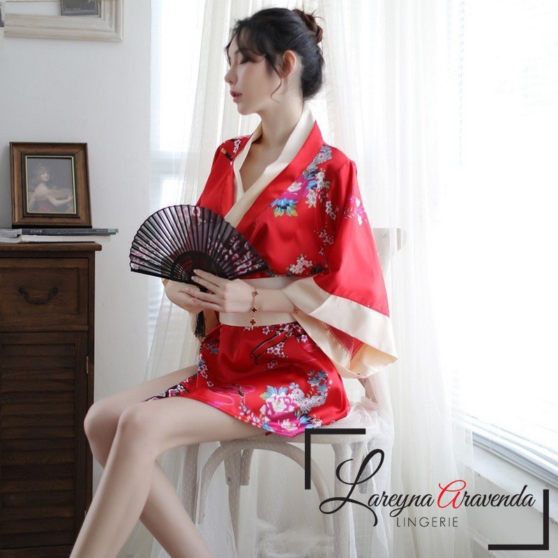 Set Lingerie Seksi + G String Model Kimono Premium Sabuk Besar Satin Jepang LG109