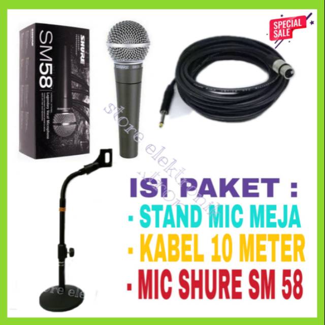 Paket Mic Kabel SHURE SM 58 Plus Kabel 10 Meter Dan Stand Mic Meja