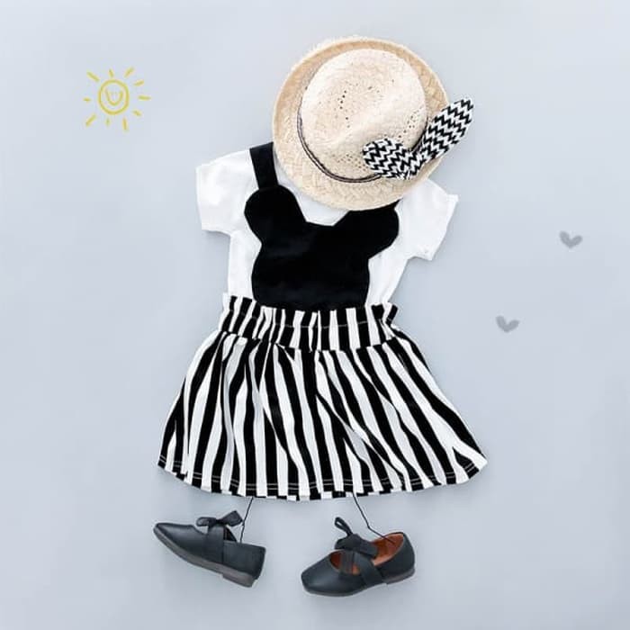 Baju Setelan Anak Perempuan Import Overall Minnie Stripe Hitam Putih