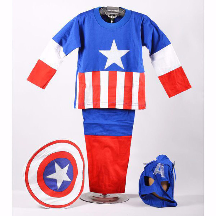 Kostum Superhero Anak Captain America Baju Setelan Panjang Laki-Laki Topeng Tameng