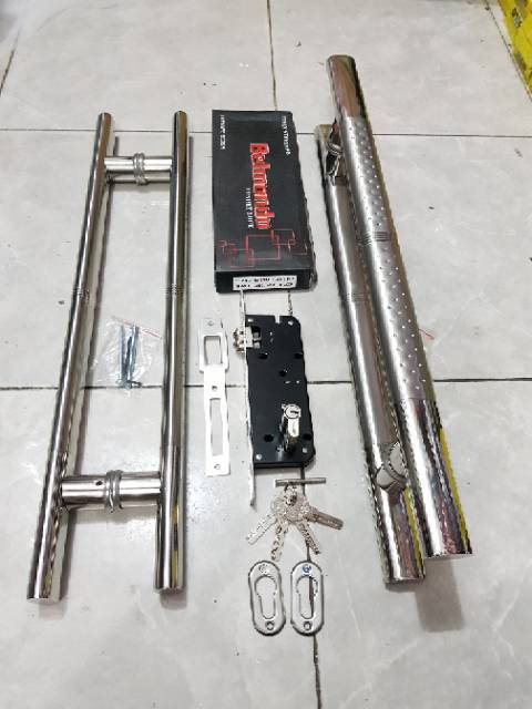 Paket handle pintu stainless baut tembus oval 60cm 2set + kunci pelor