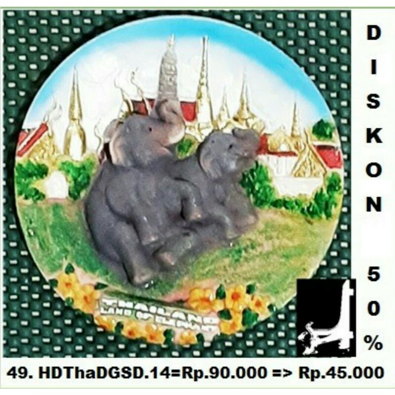 Souvenir Hiasan Dinding Manca Negara Thailand Dua Gajah Sircus, Dia. 14 Cm