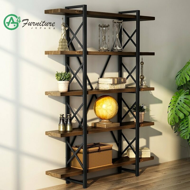 Rak Buku Besi Kombinasi Kayu Jati
