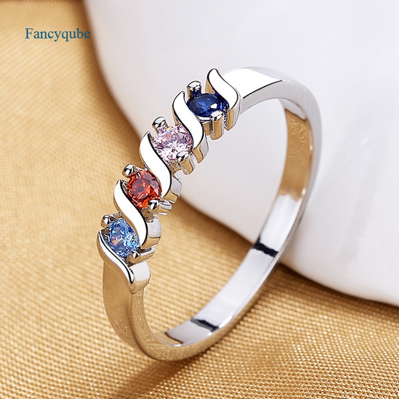 Fancyqube Cincin Sterling Silver S925 Hias Berlian Zirkon Biru Hijau Satu Baris Ukuran 6 7 8 Untuk Wanita