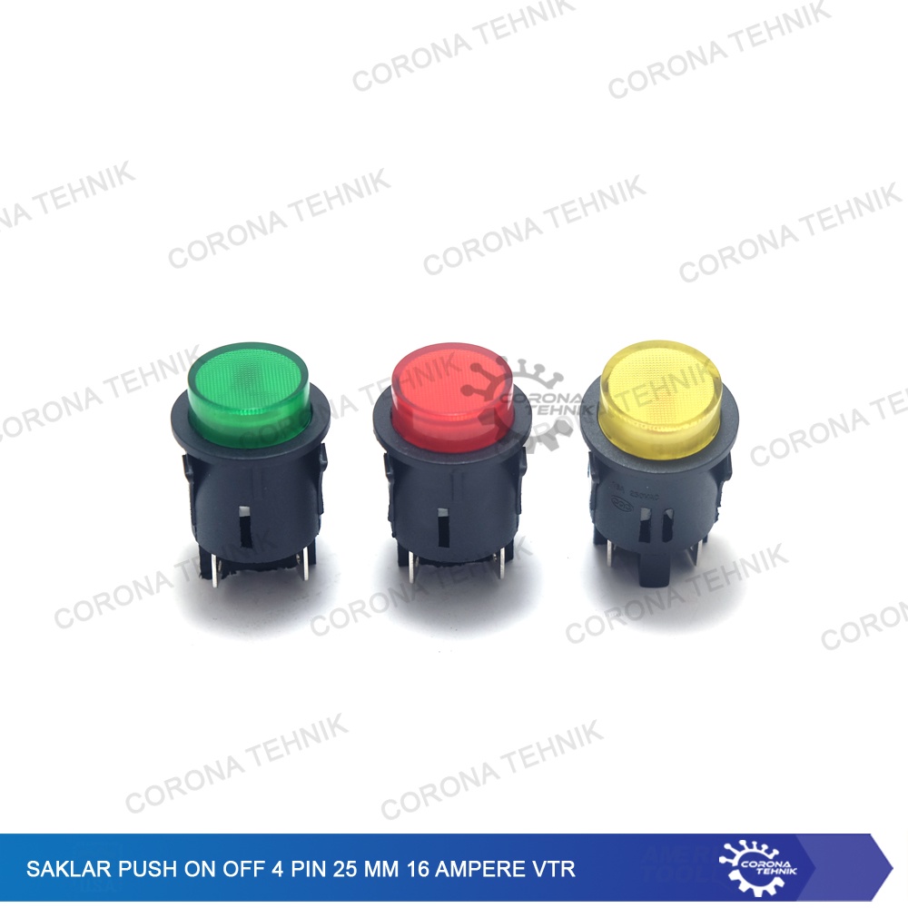 VTR - Saklar Push On Off 4 Pin 25 mm 16 Ampere + Lampu 12 Volt