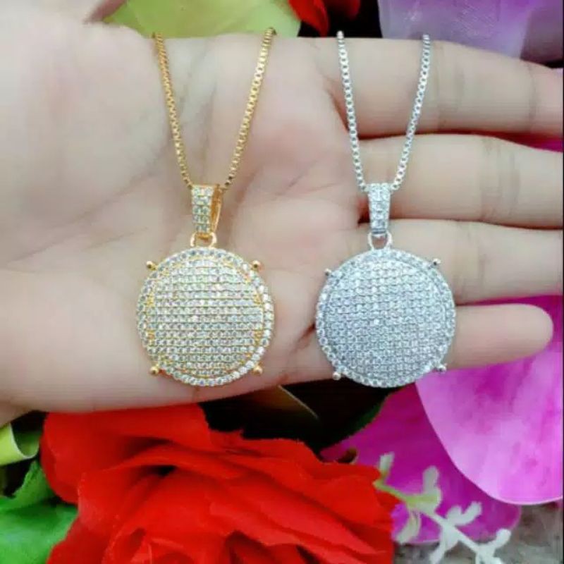 Kalung itali liontin bulat permata full gold / silver