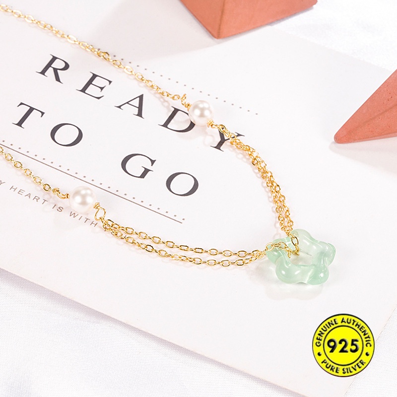 Kalung Giok Hetian Bentuk Bunga Lapis Emas 18K Tahan Air Untuk Wanita