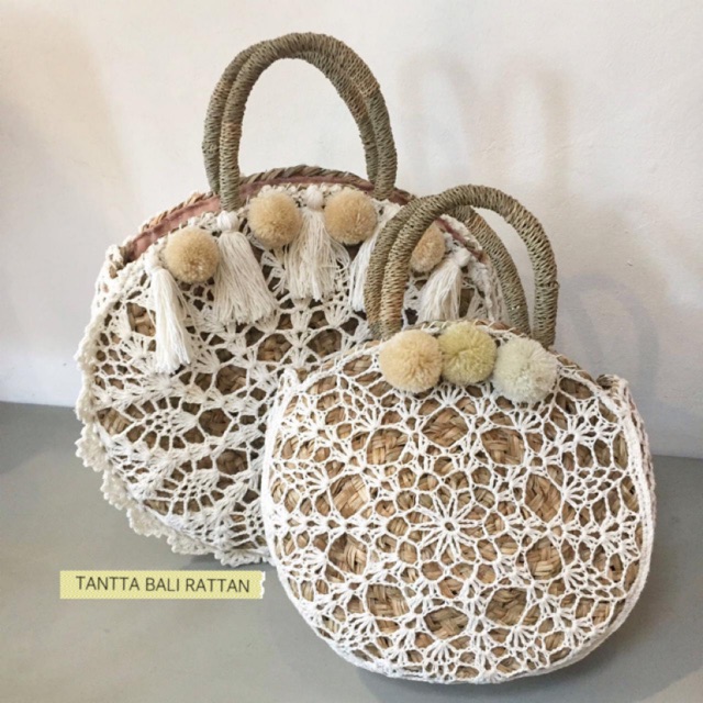 // pompom Mini croche bag // Bali Tas Rotan Asli Handmade fashionable..TAS WANITA LUCU UNIK