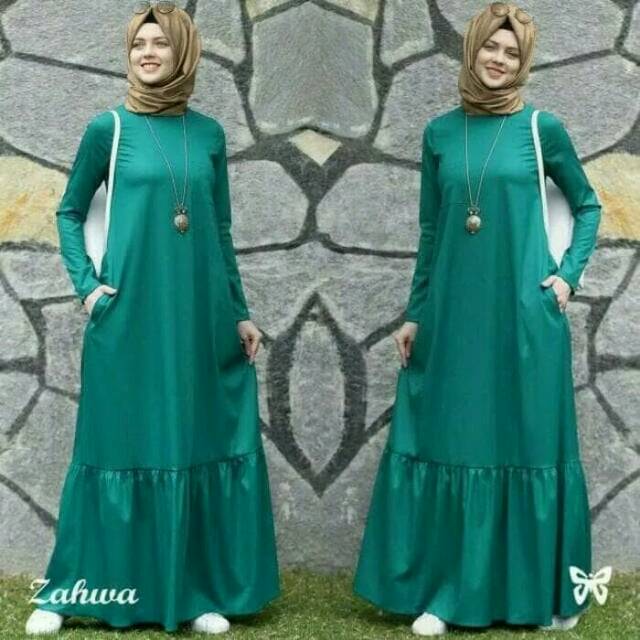 Baju Muslim Gamis Zahwa Busana Wanita Untuk Lebaran Polos Warna Hijau Tosca