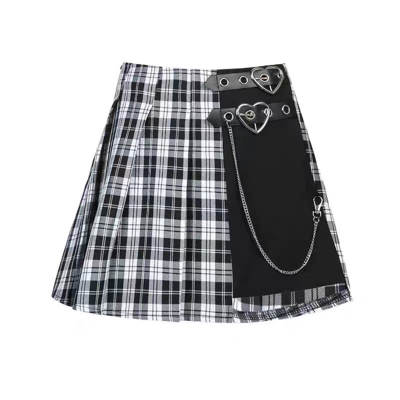 [ready stock] xiaoting preppy plaid skirt | bawahan rok gaya korea motif setengah kotak kotak rantai chain