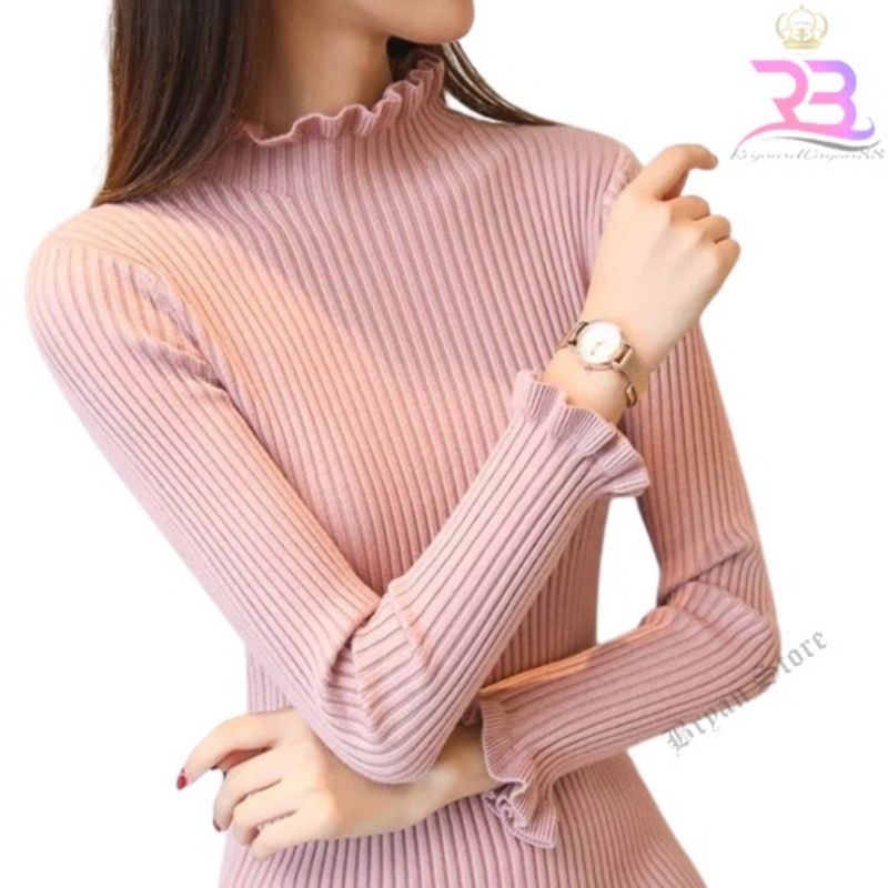 Sweater Wanita Lengan Panjang Model Kerah Tinggi Slim OOTD Viral Terkini Cod