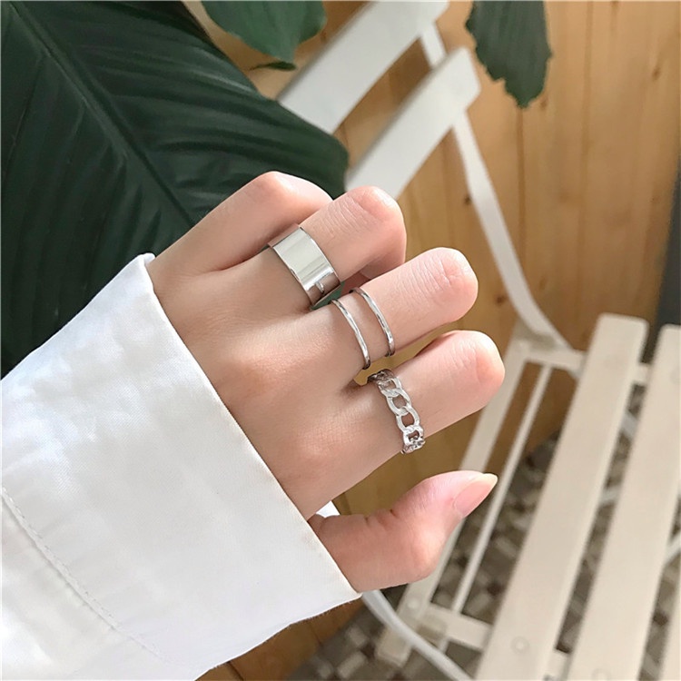 3Pcs/Set Korean Simple Chain Shape Vintage Punk Men Women Fashion Jewelry Silver Titanium Steel Hiphop Cool Girl Couple Rings Adjustable Size