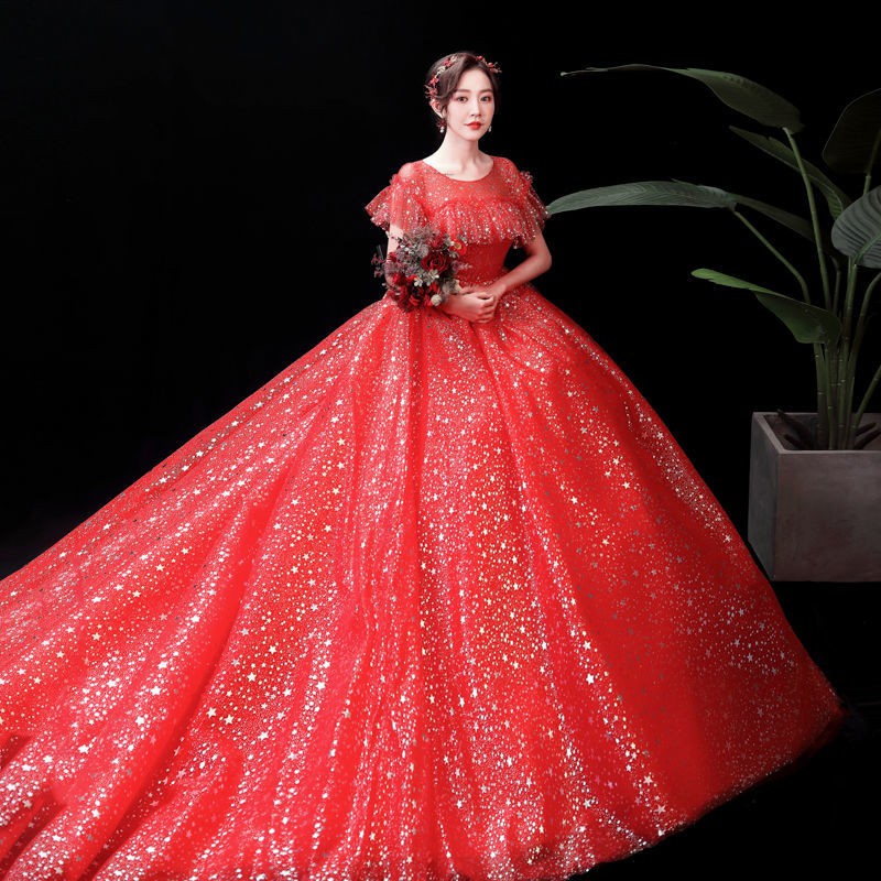 154 Red Bling BLing Short Sleeve Long Tail Women Bridal Wedding Gown Dress