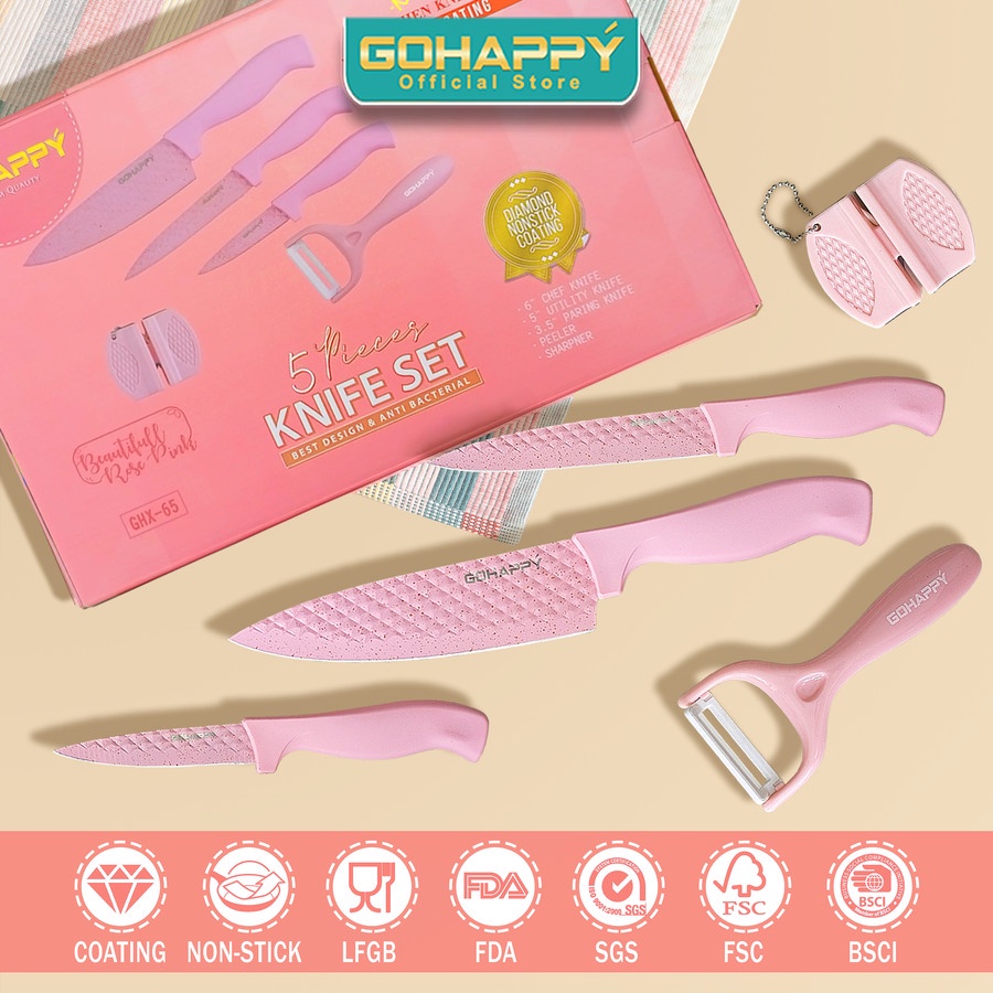 Pisau Diamond Pastel Cut 5 in 1 set Pastel PREMIUM 5in1 pisau dapur masak pengupas potong-Beautiful Pink or Great Turqoise- Pisau Keramik Pastel Pisau Stainless