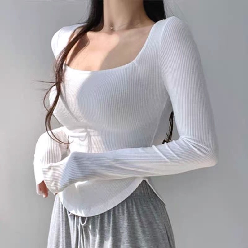 #Sisjuly# Kaos Peregangan Kurus Leher Persegi Lengan Panjang Kaos Bawahan U Hem