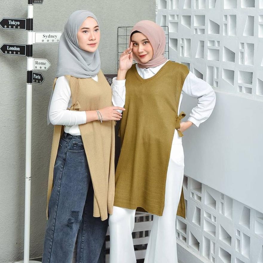◌ Rompi Rajut Wanita Panjang Polos Tali Samping Outer JALUR LONG VEST ➾