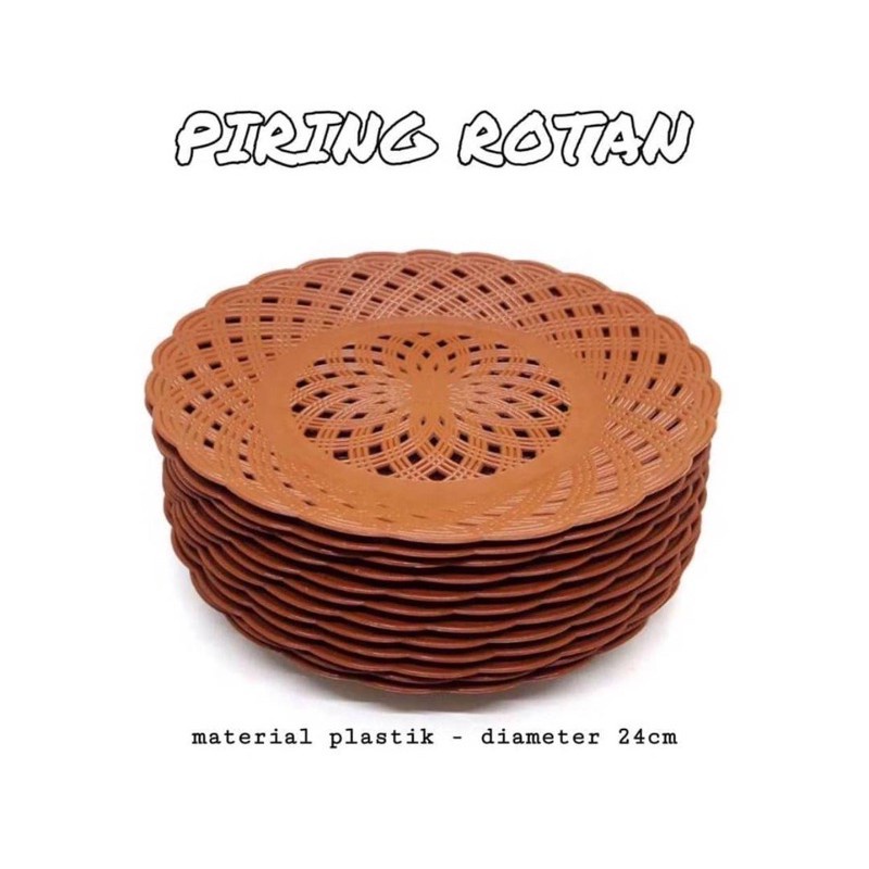 Piring Rotan Plastik Isi 1 LUSIN / Piring Plastik Motif Rotan Serbaguna 12PCS