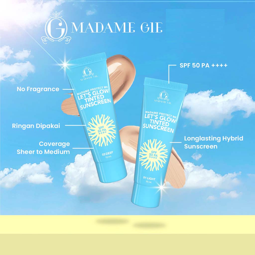 [GARANSI NO WHITECAST] [BPOM] MADAME GIE Protect Me SPF30 PA+++ | SPF50 PA++++ w Aloe Vera 60mL | Protect Me Let's Glow Tinted SPF 50 PA ++++ 10ml | Sunscreen sunblock tabir surya sun block