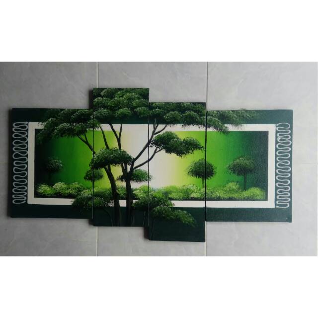 Lukisan panel pemandangan dan pohon hijau