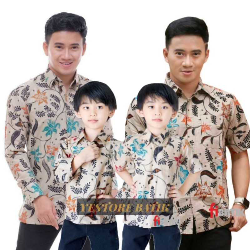 0BAJU BATIK COUPLE AYAH ANAK LENGAN PENDEK, BAJU BATIK PRIA BUNGA TERATAI, BAJU ANAK COWOK COUPLE AYAH, BAJU BATIK KELUARGA, SERAGAM BATIK, COUPLE BATIK WARNA CREAM