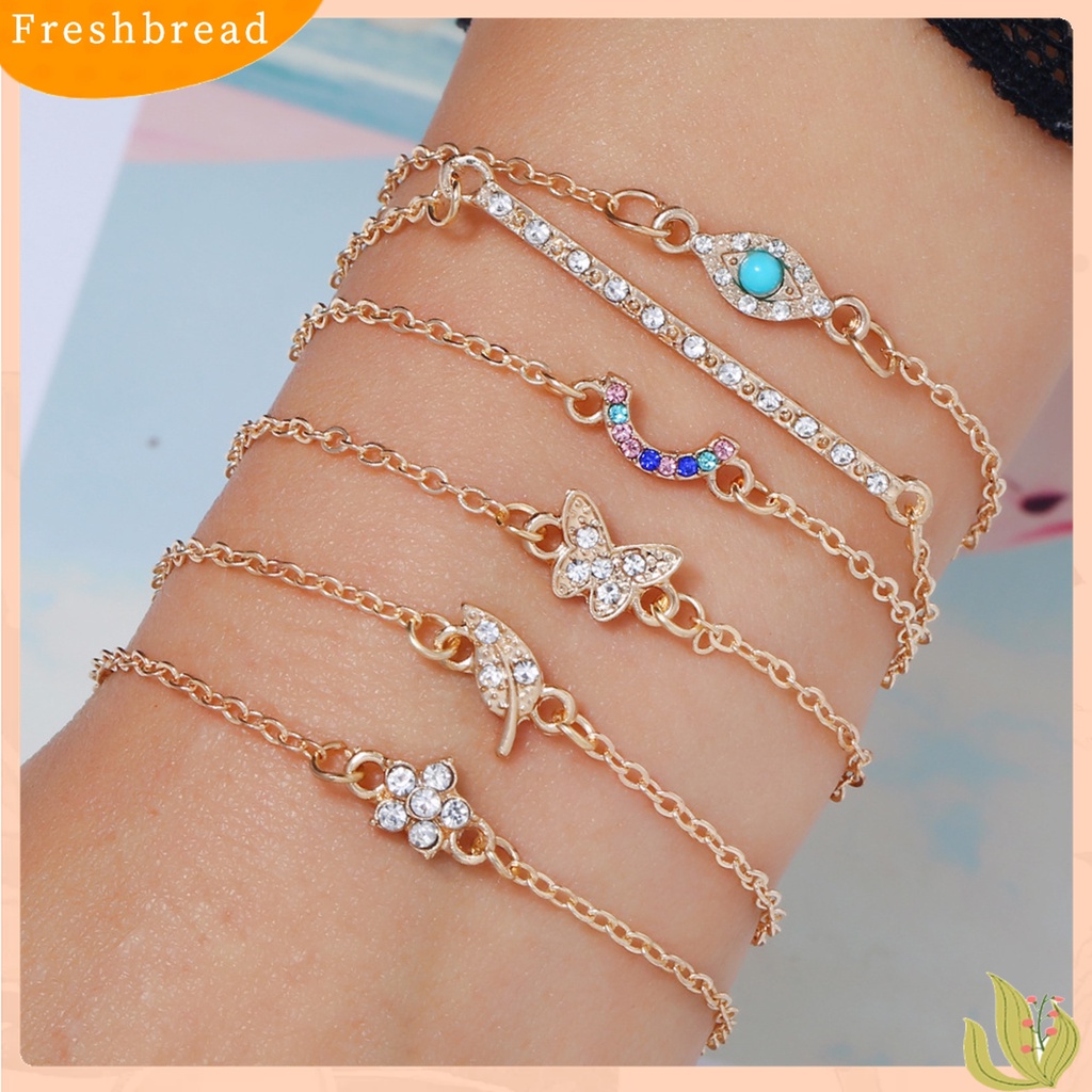 [Fresh] 6Pcs / Set Gelang Bangle Aksen Bunga + Kupu-Kupu + Berlian Imitasi untuk Wanita
