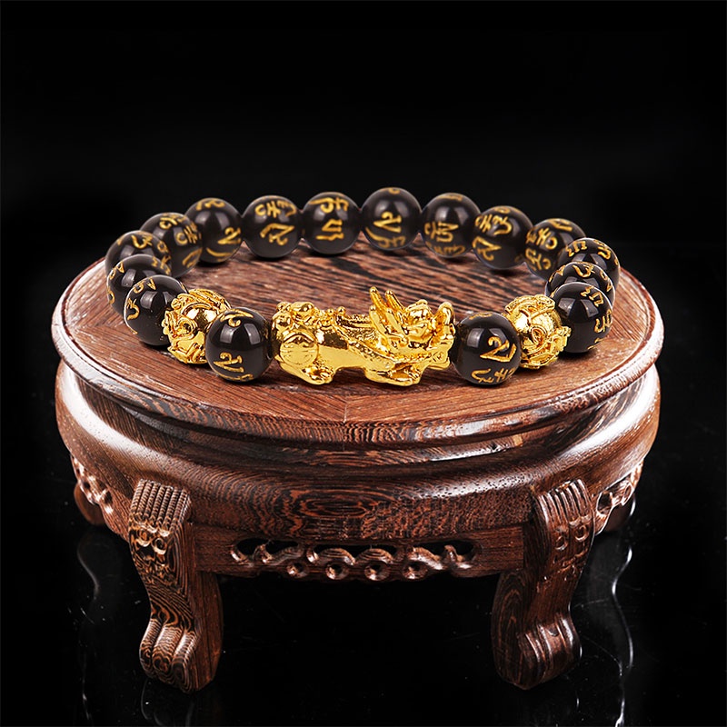 Manik-manik Gelang Pria dan Wanita Netral Gelang Emas Hitam Bi Bordir Kaya Wanita Gelang Fashion Retro Feng Shui Obsidian