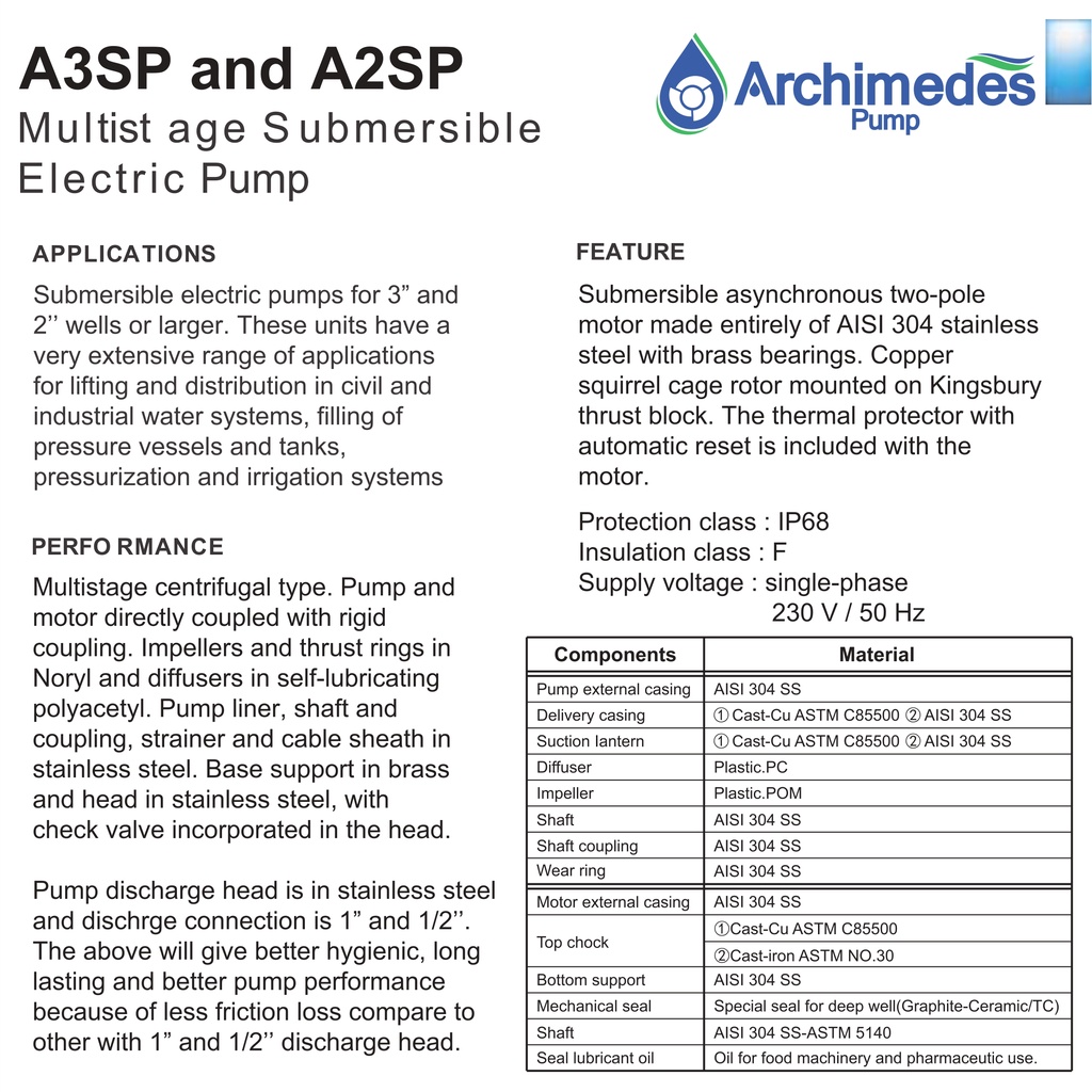 Archimedes A3SP-3-11-0.37C Kabel 40m Pump Submersible 3&quot; Pompa Satelit Bor Sumur Dalam Celup Tanam